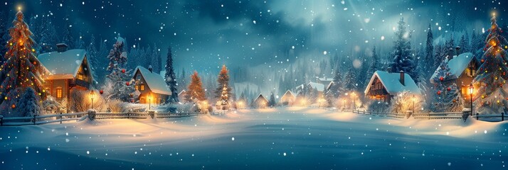 Snowy Christmas village scene with decorated trees and glowing lights. AI generative. .