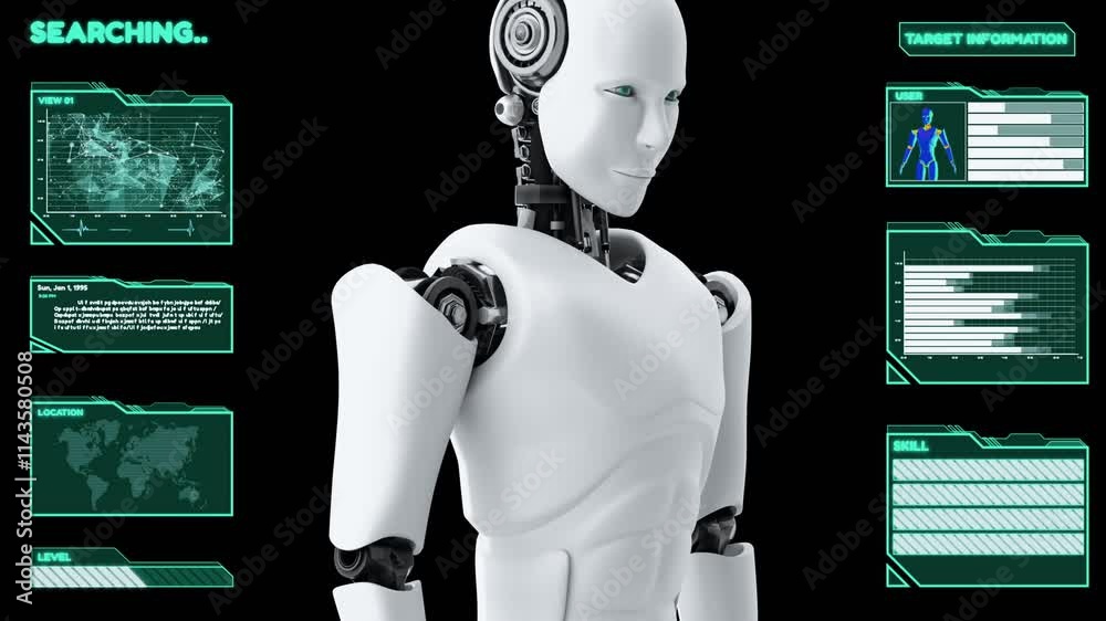 Aufkleber futuristic robot, artificial intelligence cgi big data analytics and programming . robotic man 3d re