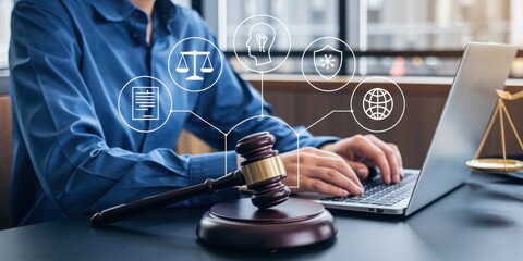 Lawyer Using Laptop and Gavel for Online Legal Services