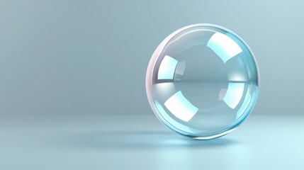 Single transparent glass sphere placed on a light blue background with soft reflections