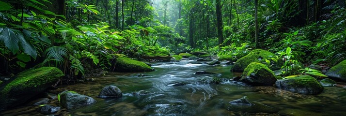 Fototapeta premium A tranquil stream flows through a lush green jungle, with mossy rocks lining its banks. AI generative. .