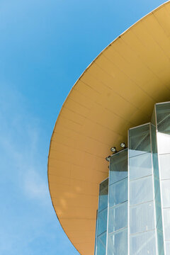 Bangkok, Thailand - 20 11 2025 : upward view of the facade and roof of Siam Paragon, iconic shopping centers, vibrant midday sky.
