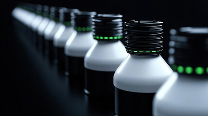A row of sleek, modern bottles with black caps and illuminated accents, set against a dark background, creating a striking visual effect.