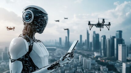 A futuristic robot interacts with a smartphone amidst a cityscape and flying drones.
