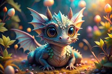 Fototapeta premium Adorable Baby Dragon Macro Photography: Cute Dragon Cub, Fantasy Creature, Childrens Illustration, Magical Beast, Mythical Dragon