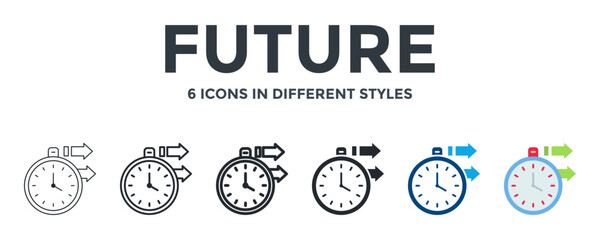 FUTURE icon in different style vector illustration. Designed in thin line, regular line, bold line, glyph, color fill, and flat style can be used for web