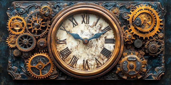 A vintage clock surrounded by intricate gears and cogs, showcasing steampunk design.