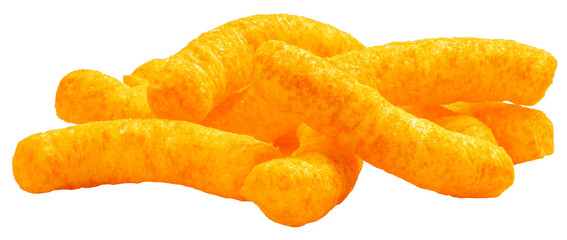 Corn snacks cheesy isolated on white background, Puff corn or Corn puffs cheese flavor on white PNG File..