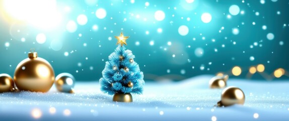 Christmas tree ornament, glowing lights, winter scene, snowy background, blue tones, magical atmosphere, sparkles, baubles, festive decor, miniature, bokeh effect, shallow depth of field, holiday mood