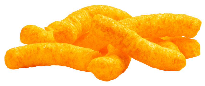Corn snacks cheesy isolated on white background, Puff corn or Corn puffs cheese flavor on white PNG File..