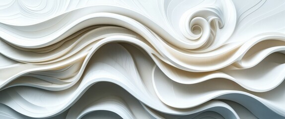 Obraz premium Abstract white waves, flowing curves, sculptural relief, 3D texture, organic shapes, smooth surfaces, undulating forms, minimalist design, architectural detail, light and shadow play, monochromatic pa