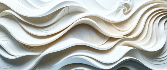 Abstract white waves, flowing curves, sculptural relief, 3D texture, organic shapes, smooth surfaces, undulating forms, minimalist design, architectural detail, light and shadow play, monochromatic pa