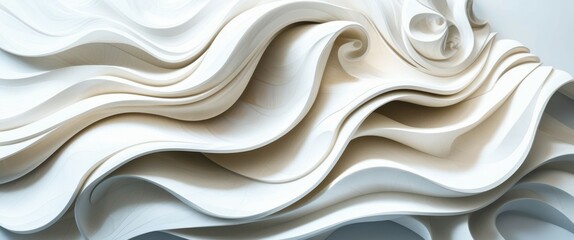 Obraz premium Abstract white waves, flowing curves, sculptural relief, 3D texture, organic shapes, smooth surfaces, undulating forms, minimalist design, architectural detail, light and shadow play, monochromatic pa