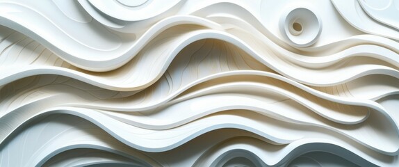 Abstract white waves, flowing curves, sculptural relief, 3D texture, organic shapes, smooth surfaces, undulating forms, minimalist design, architectural detail, light and shadow play, monochromatic pa