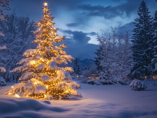 Snowy Christmas Tree with Golden Lights in Winter Wonderland - Made with Generative AI