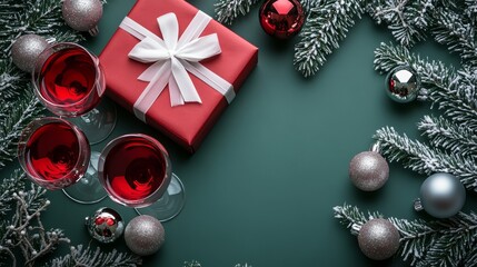 Close-up of Christmas decorations, ribbons, and presents hanging from the ceiling with a red ribbon in the shape of a spiral on a white background. 
