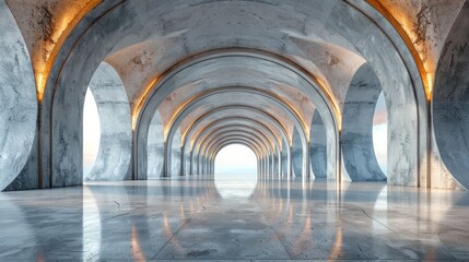 Concrete archway with warm light reflecting on the floor. AI generative. .