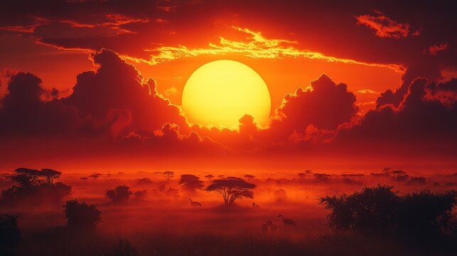 Zoom Virtual Background: Stunning sunset over a savanna landscape with silhouetted trees. Sunshine Wallpaper