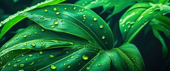 Fototapeta premium Lush green plant leaves, macro photography, water droplets, dew, vibrant emerald color, glossy foliage, tropical flora, high contrast, dark background, refreshing, nature close-up, botanical detail, h