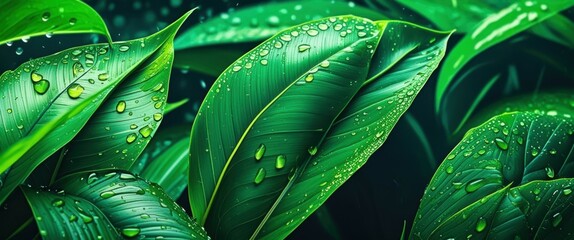 Obraz premium Lush green plant leaves, macro photography, water droplets, dew, vibrant emerald color, glossy foliage, tropical flora, high contrast, dark background, refreshing, nature close-up, botanical detail, h