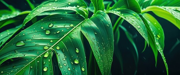 Fototapeta premium Lush green plant leaves, macro photography, water droplets, dew, vibrant emerald color, glossy foliage, tropical flora, high contrast, dark background, refreshing, nature close-up, botanical detail, h
