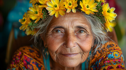 A woman wearing a flower headband and smiling