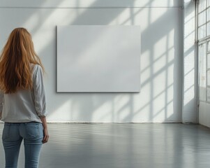 A woman with long hair stands in front of an empty white canvas on the wall, in a large and spacious room with natural light shining through the windows, minimalist style.