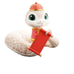 Fototapeta premium Chinese Zodiac Chibi Snake 3D Model. Cute 3D Snake Character Animation standing with its tail holding a Chinese New Year scroll. Cartoon Character