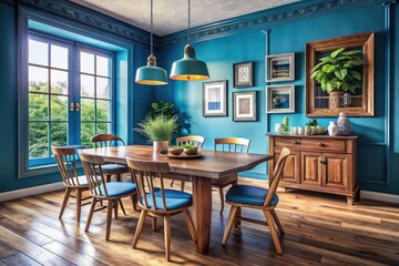 Obraz premium Vintage Blue Dining Room Interior Design: Wooden Table & Chairs, Retro Home Decor