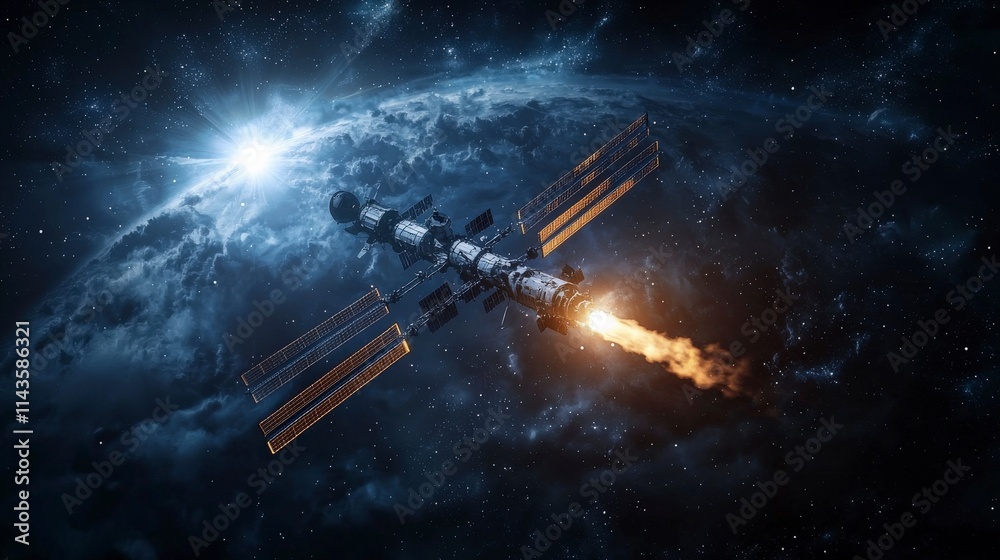 Poster Private spaceflight launches from serene space station in orbit stunning views of earth and beyond futuristic environment