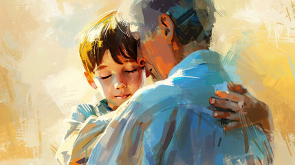 Teacher comforting a student, gentle expression, caring posture, supportive and warm background