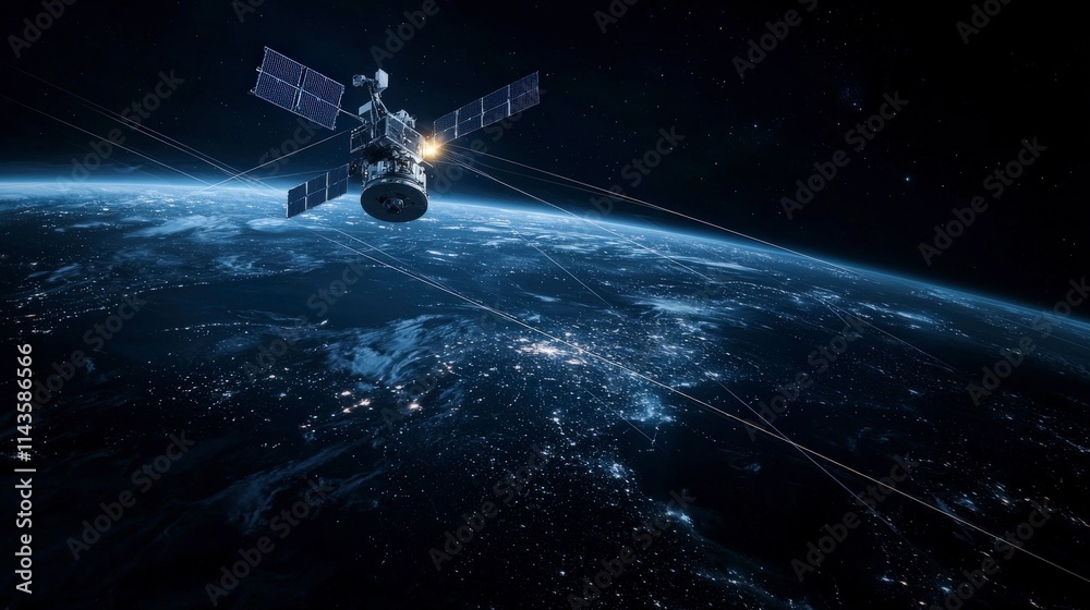 Poster satellite transmitting data over earth space digital artwork dark environment aerial view communicat