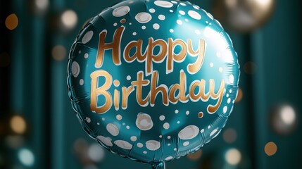 Teal Happy Birthday balloon with gold lettering and white polka dots against a blurred teal and gold background.