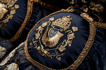 Close-up of luxurious dark-blue pillows with gold embroidery, showing intricate details and royal crest.