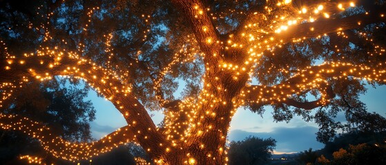 A majestic tree adorned with soft, twinkling lights, glowing brightly against the night sky, creating a serene and magical outdoor scene