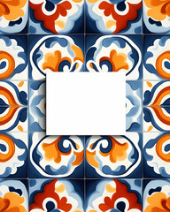 Blank card on vibrant azulejo tile background; design template.