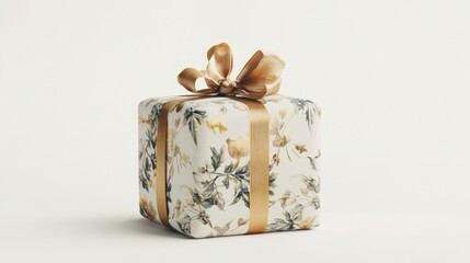 Gold-Ribboned Gift Box, Floral Print, White Background, Elegant Design