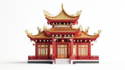 Fototapeta premium Festive Red Chinese Temple 3D Render, Isolated on White, Pagoda Architecture