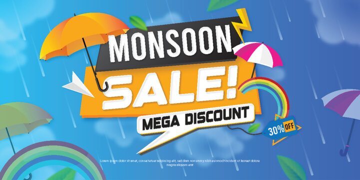 Flat horizontal sale banner template for monsoon season sale promo and discount
