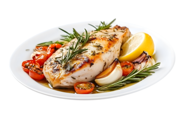 Delicious roasted turkey on white plate isolated on transparent background, cut out, PNG