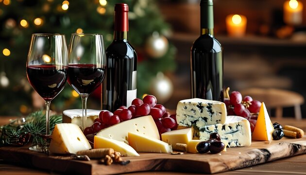 Wine and cheese pairing celebration cozy rustic setting food photography festive atmosphere close-up view culinary experience