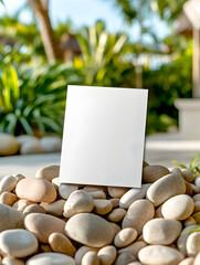 Blank sign mockup on rocks, tropical garden background, advertising, resort.