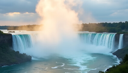 Fototapeta premium “Niagara Falls in Mist” – A powerful view of Niagara Falls surrounded by mist and rainbows, with cascading waters creating a dramatic natural spectacle. 