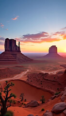 “Monument Valley in the Desert” – A striking scene of Monument Valley’s iconic red sandstone buttes under a bright orange sunset, with desert sand stretching into the horizon.
