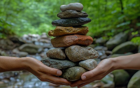 A stack of hands, demonstrating partnership and unity, arranged in a powerful, balanced formation, with a peaceful, natural background