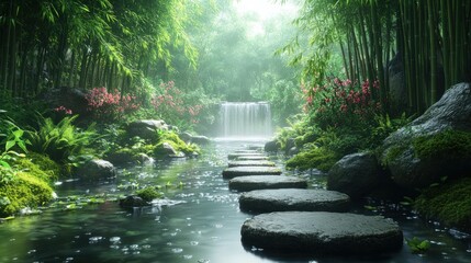 Serene waterfall, stepping stones, bamboo forest.