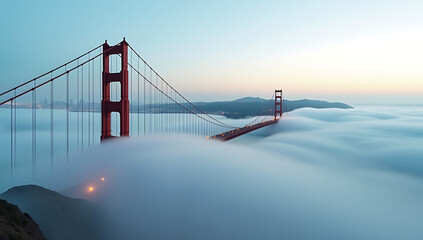 Fototapeta premium “Golden Gate Bridge in Fog” – A dramatic view of the Golden Gate Bridge partially covered in fog, with the red towers rising above a misty blue bay. 