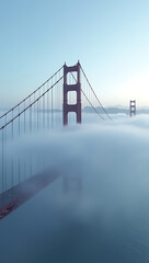 Fototapeta premium “Golden Gate Bridge in Fog” – A dramatic view of the Golden Gate Bridge partially covered in fog, with the red towers rising above a misty blue bay. 