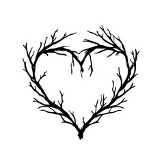 Obraz premium Heart-Shaped Branch Silhouette Design, Minimalist illustration of two branches forming a heart shape, symbolizing nature, love, and organic connections on a white background.