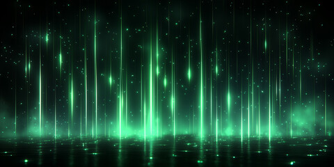 Abstract Green Light Rays and Particles on a Dark Background